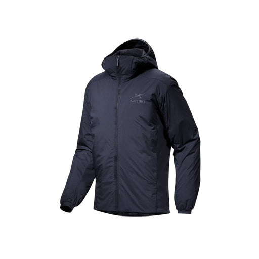 navy zip front hooded jacket cuffed sleeve. Front of the jacket zips up above the chin.