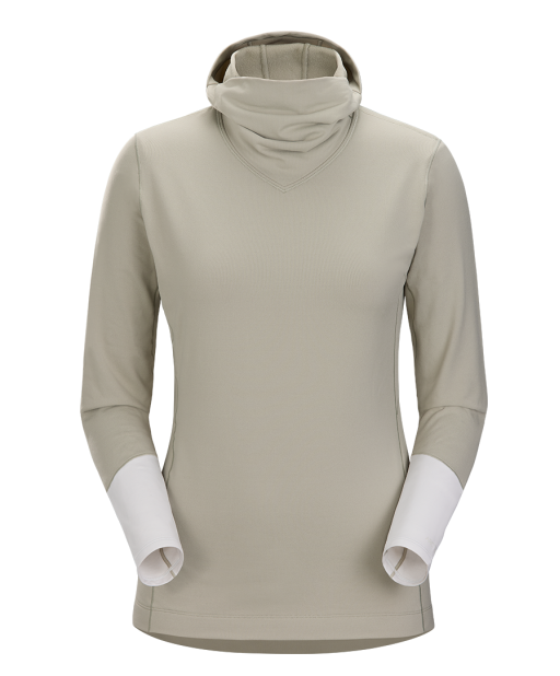 tan pullover hoody with wide white lower sleeves and high inner collar