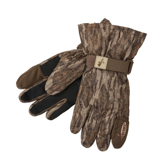 Camo gloves with wrist strap. 