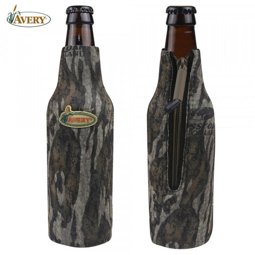 Two glass bottles with camouflage covers  one with the Avery logo and the other showcasing the zipper 