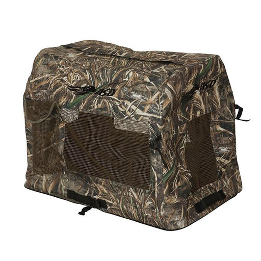 camo dog kennel with brown mesh sides and mesh bottle holder