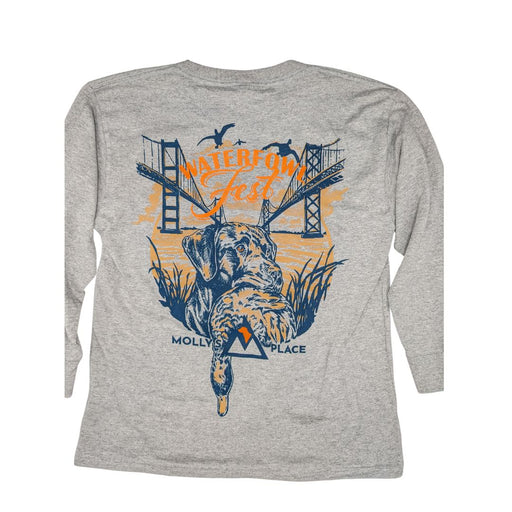 Molly's Place Heavyweight LS Youth long sleeve T-Shirt-Waterfowl Fest  featuring scene of Chesapeake Bay Bridge  and dog retrieving a duck