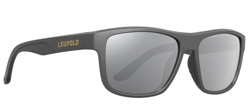 dark gray sunglasses with Leupold name in gold on arm
