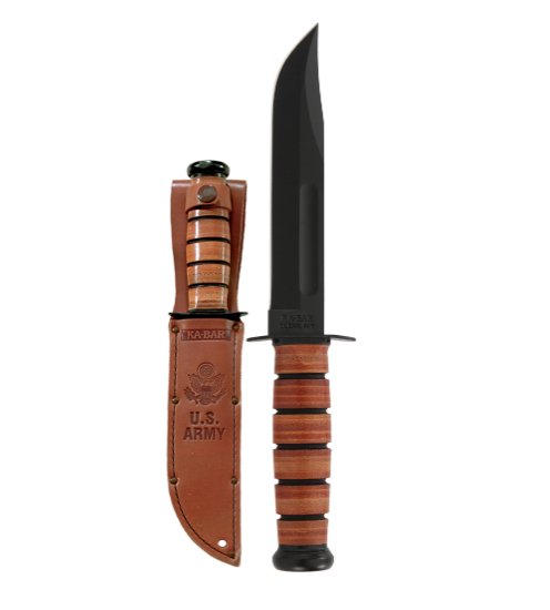 KABAR, U.S. ARMY FIGHTING/UTILITY,BROWN LEATHER SHEATH black knife with brown strpe handle