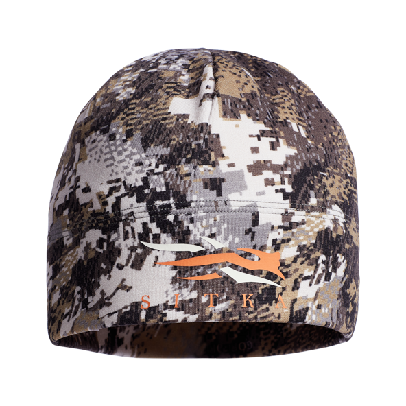 camo beanie with orange Sitka name and logo on front