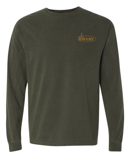 Olive long sleeve pull over shirt with Avery logo in gold 
