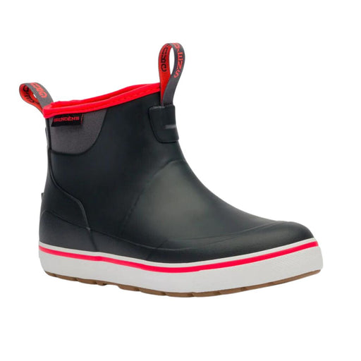 black ankle deck boot with neon red lining 