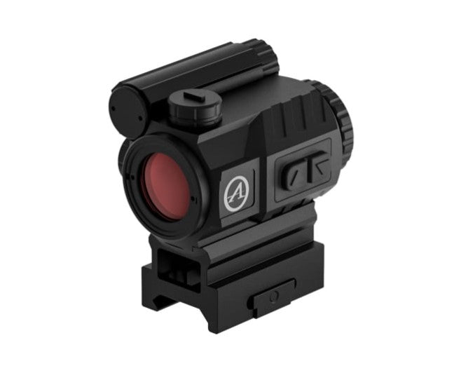 Black firearm prism scope with red lens