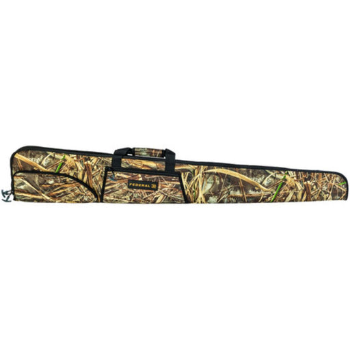 camo shotgun case with strap handles on top and two zip pockets
