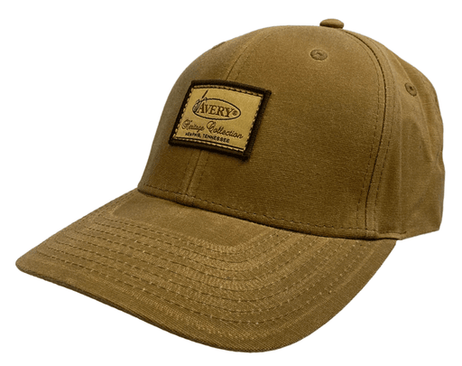 tan cloth cap with Avery logo patch on front