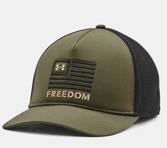 olive trucker cap with flag and freedom on front