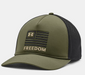 olive trucker cap with flag and freedom on front