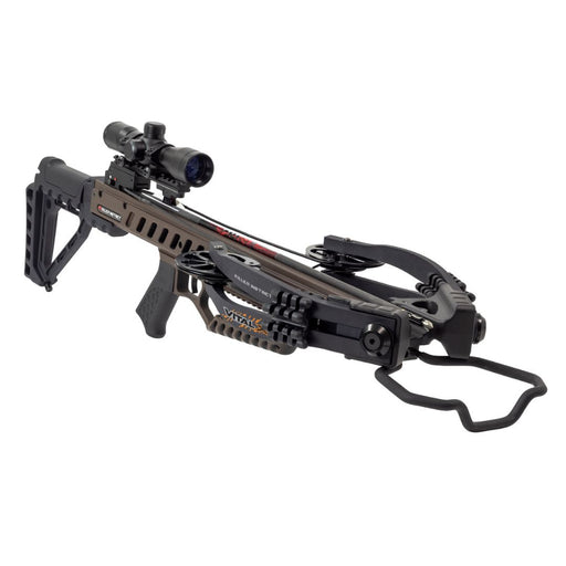 brown and black crossbow with scope and bolt