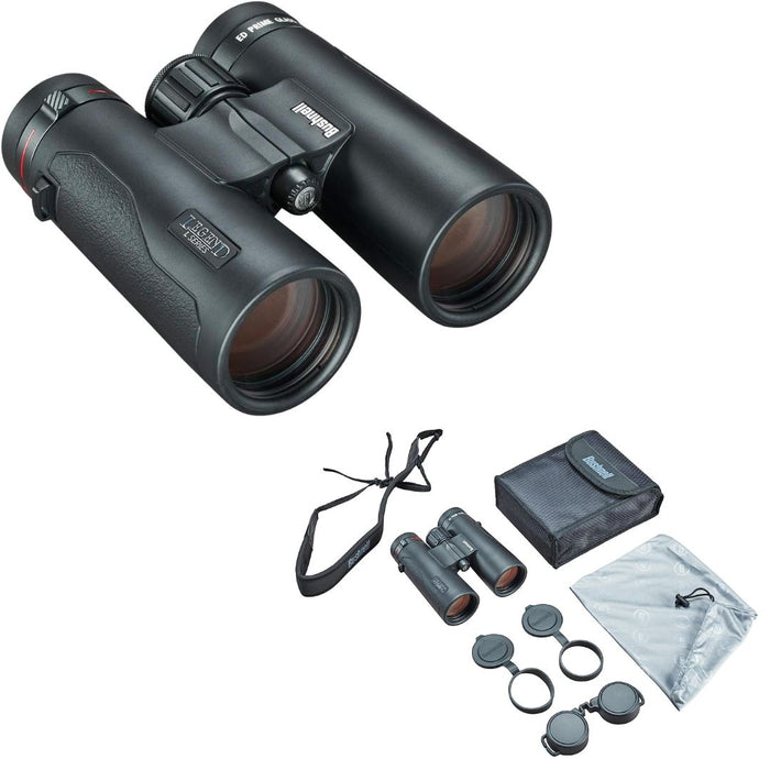 black binoculars with black case gray bag black strap and lens caps