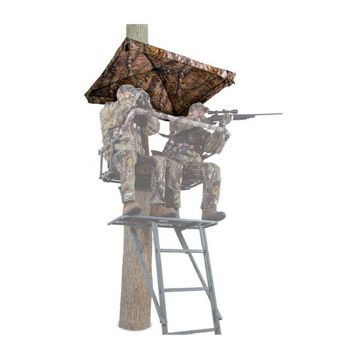 two hunters sitting in a  tree stand covered by a camo umbrella