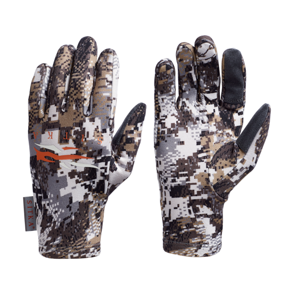 camo gloves with sitka name and orange logo