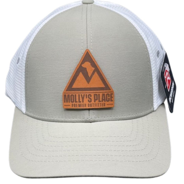 Molly's Place  Bandon Split Trucker Hat gray and white with Molly's Place tan logo patch on front