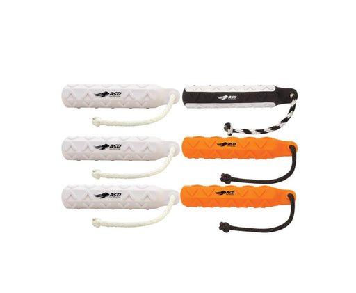 Pack of 3 White, 2 Orange, and  1 Black and White dog toy. 