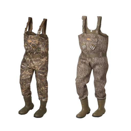 Camo waders with belt and should straps for added security completed with green rubber boots. 