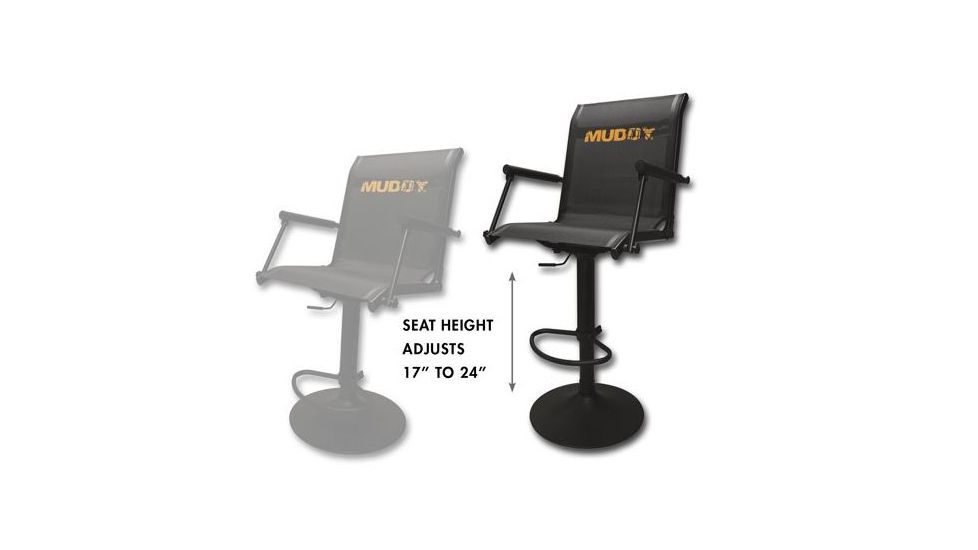 Muddy Swivel-Ease Xtreme Seat with round base and foot rest two images displaying seat height adjustments
