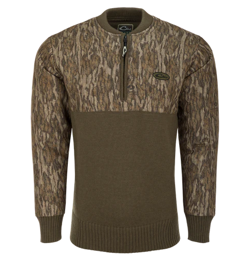 Drake Wool Quarter Zip Sweater with elastic waist and cuffs brown lower and camo upper