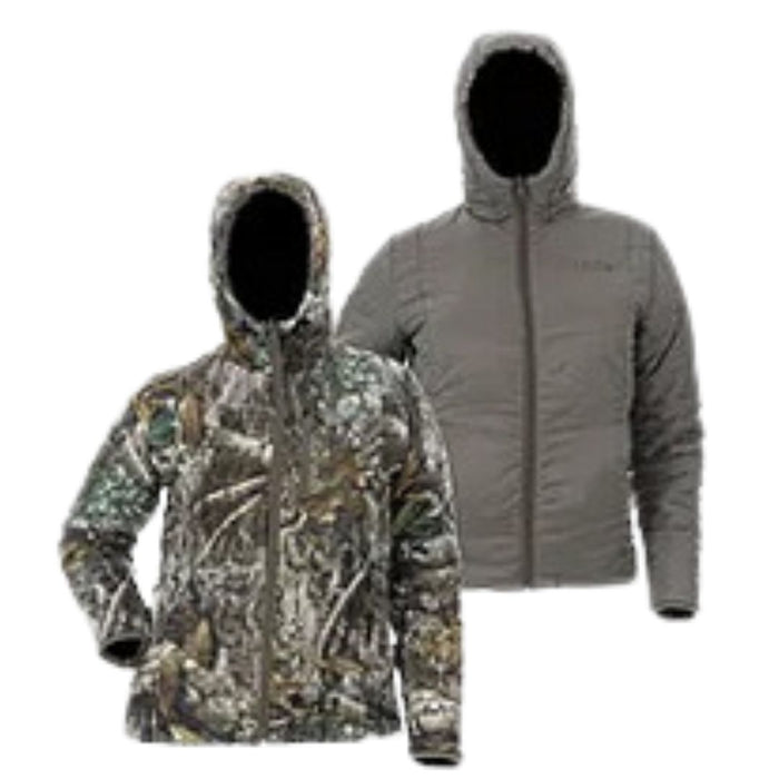 DSG Outerwear Reversible hooded full zip Puffer Jacket gray side and camo side