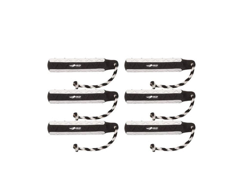 6 pack of black and white textured dog toy with black and white cord attached. 