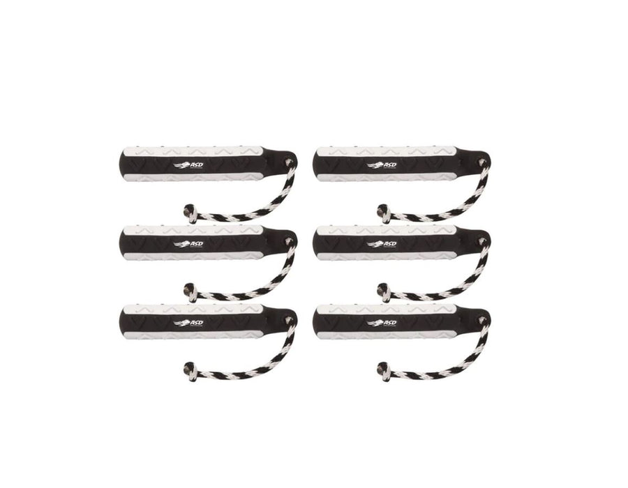 6 pack of black and white textured dog toy with black and white cord attached. 