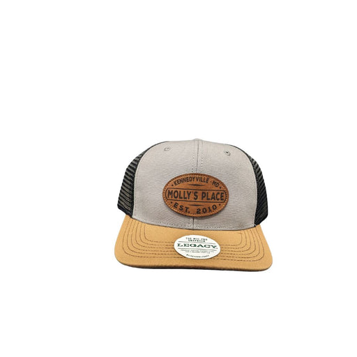 Molly's Place Mid-Pro Snapback in gray tan and black with oval leather Molly's Place patch on front