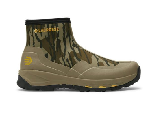 Tan rubber ankle boot with camo neoprene upper