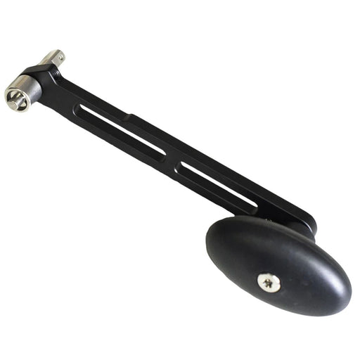 black handle with oval knob on one end, and silver metal  lock pin on the top.