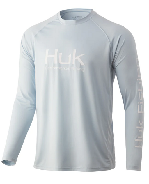light blue with white logo HUK, Vented Pursuit long sleeve performance