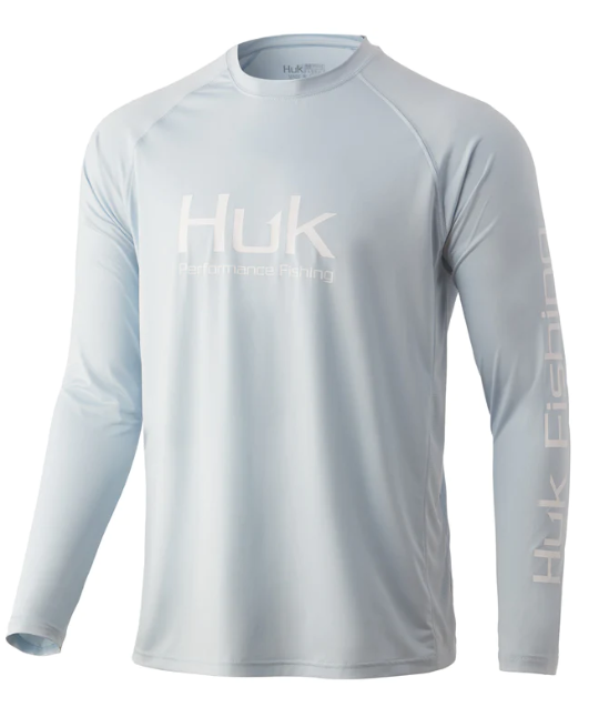 light blue  with white logo HUK, Vented Pursuit long sleeve performance shirt 